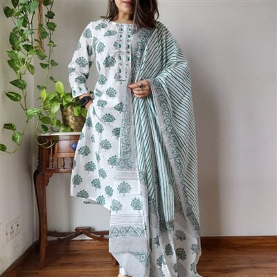 Emerald Botanical Elegance Cotton Suit Set