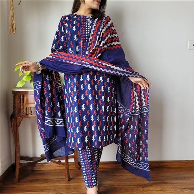 Navy Crimson Floral Geometric Cotton Suit Set