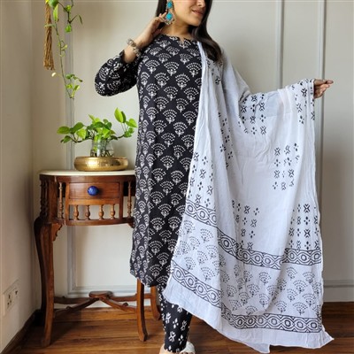 Ivory Black Floral Essence Cotton Suit