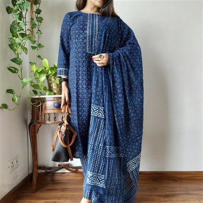 Navy Geometric Elegance Cotton Suit Set