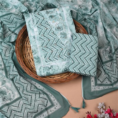 Teal Floral Zari Border Cotton Suit Set
