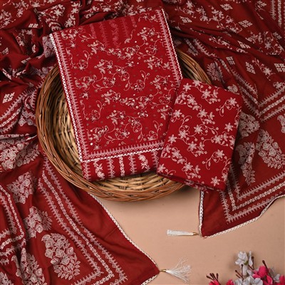 Crimson Floral Gota Work Unstitched Suit Set