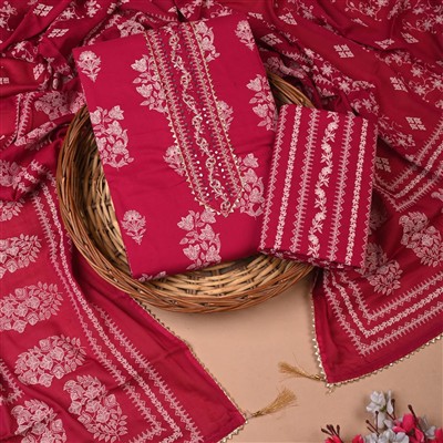 Crimson Floral Gota Patti Cotton Unstitched Suit Set