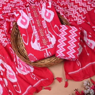 Crimson Ikat Motif Cotton Unstitched Suit Set