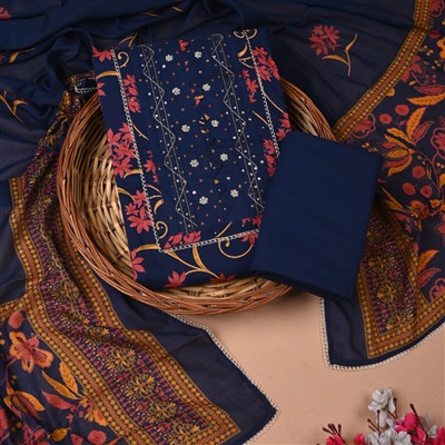 Deep Navy Floral Gota Patti Cotton Suit Set
