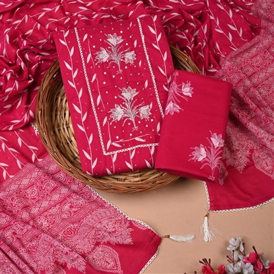 Crimson Floral Gota Patti Cotton Unstitched Suit Set