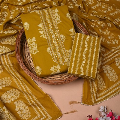Mustard Floral Gota Work Unstitched Cotton Suit Set