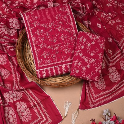 Crimson Floral Gota Elegance Cotton Suit Set