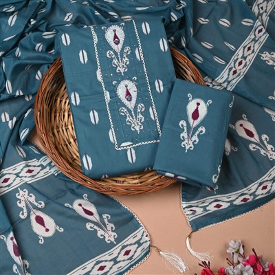 Teal Floral Gota Work Unstitched Suit Set