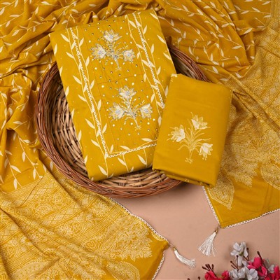 Mustard Floral Gota Patti Unstitched Suit Set