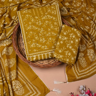 Mustard Gota Patti Cotton Unstitched Suit Set