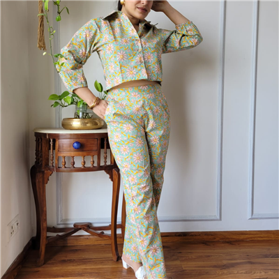 Oceanic Blooms Hand Block Printed Co-Ord Set