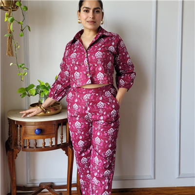 Burgundy Bloom Hand Block Printed Co-Ord Set