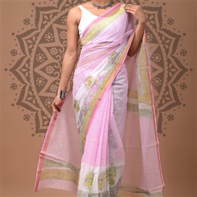 Blushing Pink Floral Hand Block Printed Kota Doria Saree