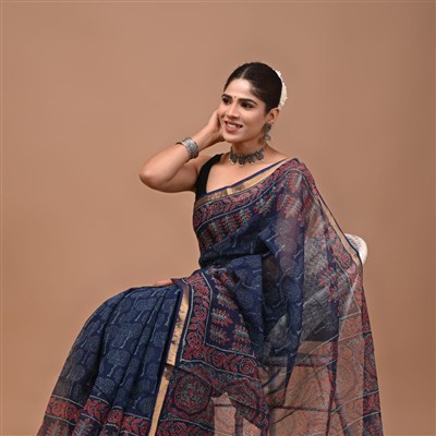 Celestial Blue Ethnic Print Kota Doria Saree