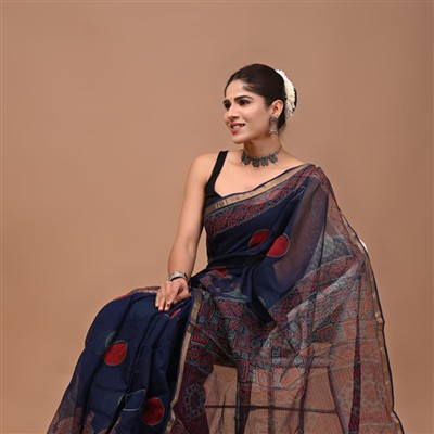 Azure Floral Hand Block Printed Kota Doria Saree