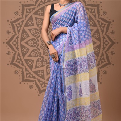 Pastel Blue Floral Hand Block Printed Kota Doria Saree