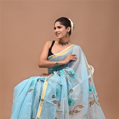 Sky Blue Floral Hand Block Printed Kota Doria Saree