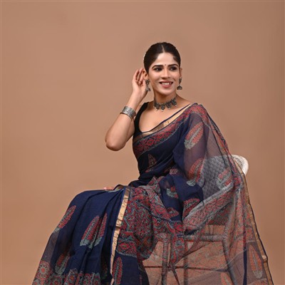 Navy Floral Paisley Cotton Kota Doria Saree