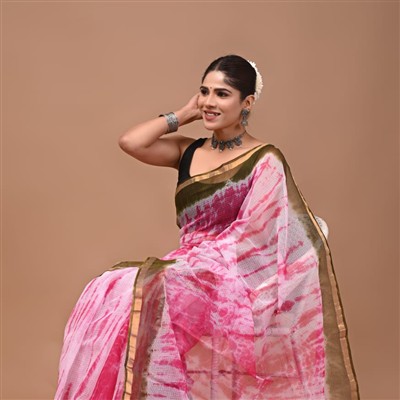Crimson Floral Hand Block Printed Kota Doria Saree