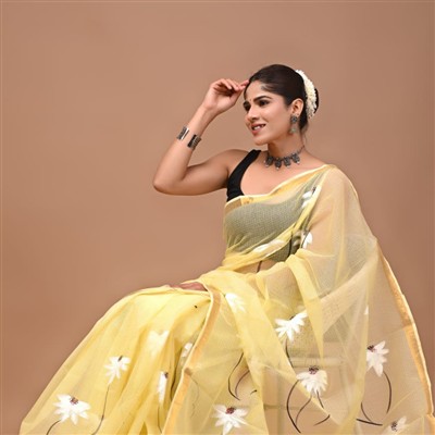 Buttercream Blossom Hand Block Printed Kota Doria Saree