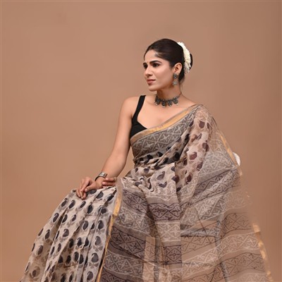 Navy Floral Hand Block Printed Kota Doria Saree