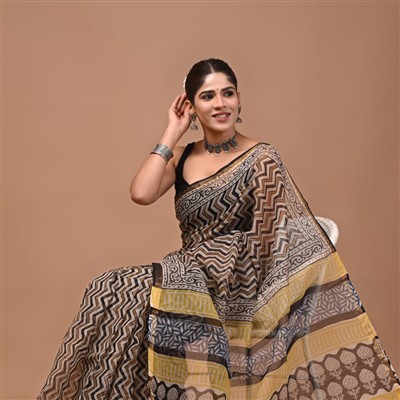 Midnight Blossom Geometric Kota Doria Saree
