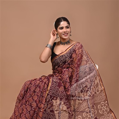 Burgundy Floral Paisley Kota Doria Saree