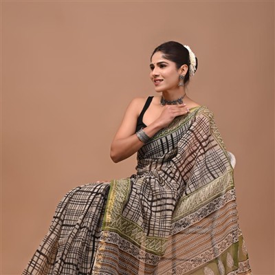 Olive Green Checkered Kota Doria Saree