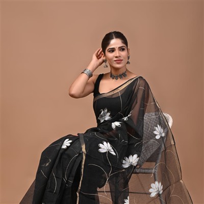 Jet Black Floral Elegance Kota Doria Saree