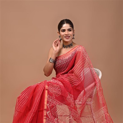 Sapphire Floral Hand Block Printed Kota Doria Saree