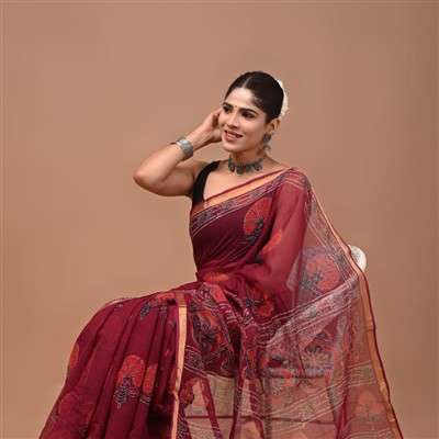 Crimson Blossom Traditional Kota Doria Saree