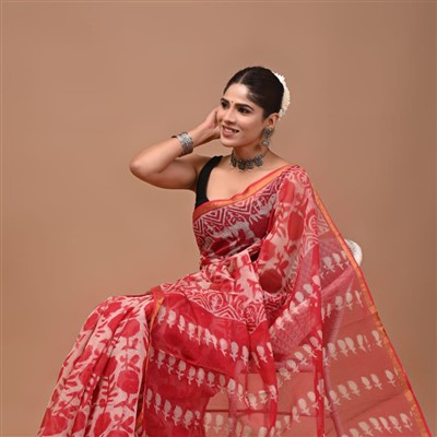 Crimson Floral Reverie Kota Doria Saree
