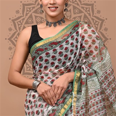 Crimson Mosaic Hand Block Printed Kota Doria Saree