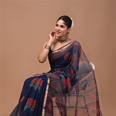 Sunkissed Terracotta Floral Kota Doria Saree