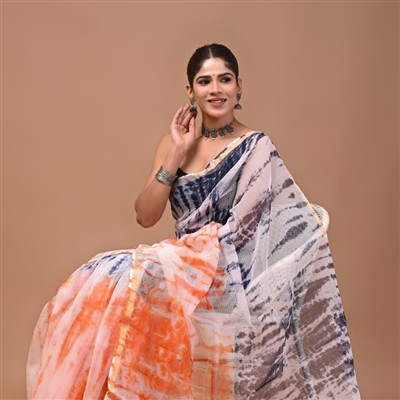 Golden Petal Hand Block Printed Kota Doria Saree