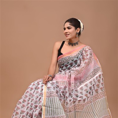 Soft Sage Floral Hand Block Printed Kota Doria Saree