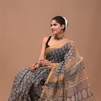 Navy Floral Harmony Kota Doria Saree