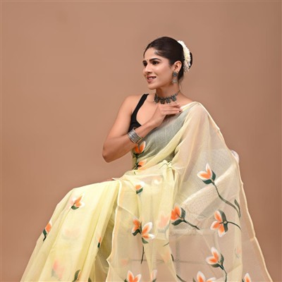 Pastel Yellow Floral Delight Kota Doria Saree