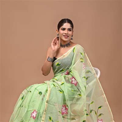 Pastel Mint Floral Hand Block Printed Kota Doria Saree