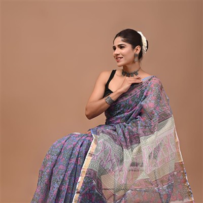 Indigo Floral Symphony Kota Doria Saree