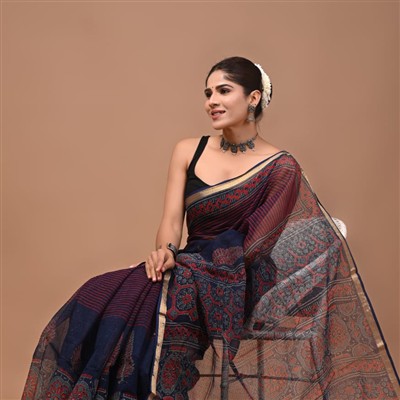 Twilight Rose Botanical Cotton Kota Doria Saree