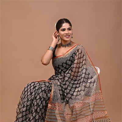 Sunset Blossom Ethnic Print Kota Doria Saree