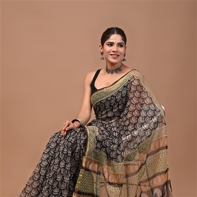 Midnight Blossom Floral Kota Doria Saree
