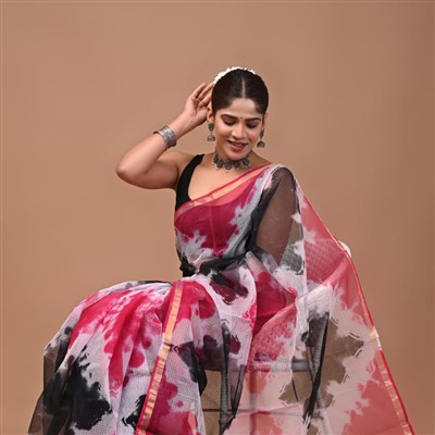 Fuchsia Dream Abstract Cotton Kota Doria Saree