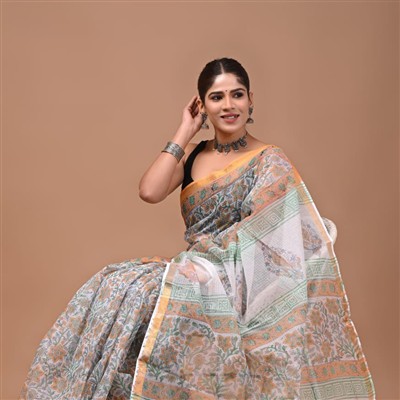 Pastel Peach Floral Kota Doria Saree
