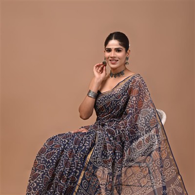 Navy Floral Elegance Kota Doria Saree