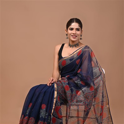 Navy Crimson Floral Kota Doria Saree