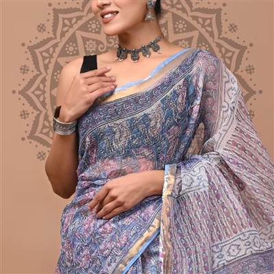 Lavender Blossom Floral Hand Block Printed Kota Doria Saree