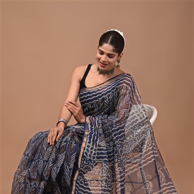 Navy Floral Harmony Kota Doria Saree